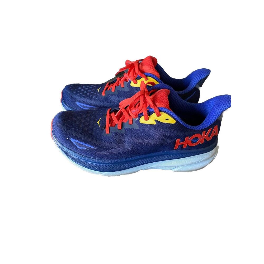 Hoka One One Mens CLIFTON 9 Blue Orange Running Sneakers Sz 10D